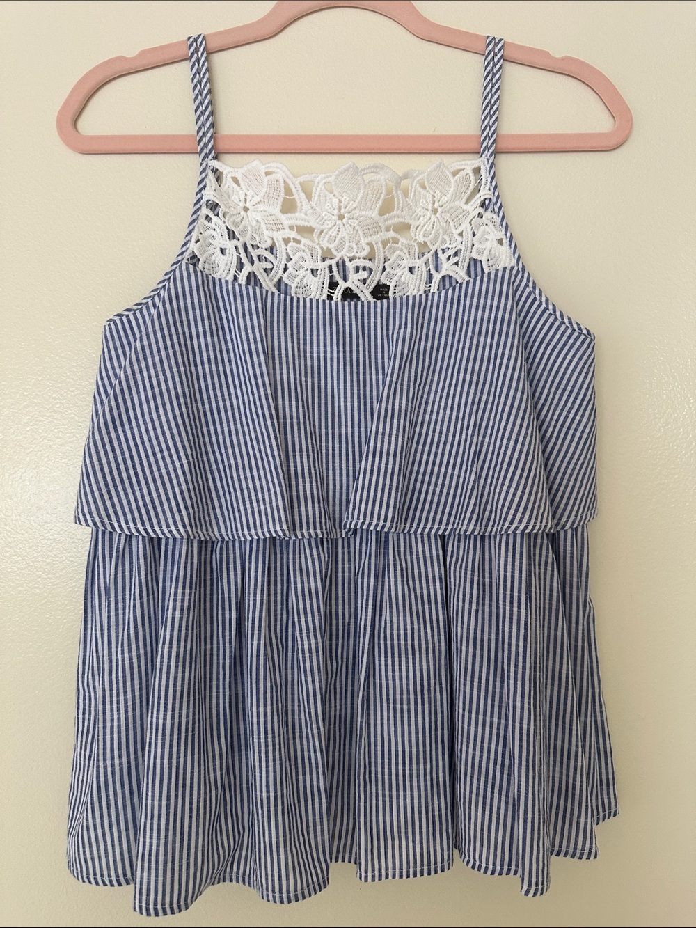 Zara Blue and White Striped Crochet Yoke Tank Top